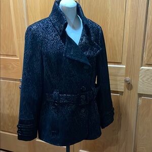 Roz & Ali Black Bronze Jacquard Belted Jacket Vintage Style Peacoat